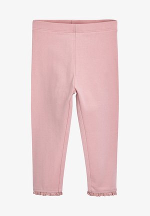 Lyserøde tights lavet af blødt, strækbart stof. Har en flæse nederst ved anklerne og en elastisk talje for komfort.