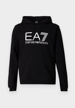 Black hooded sweatshirt with a front kangaroo pocket. Features bold white text "EA7 EMPORIO ARMANI" on the chest. Cotton blend material.