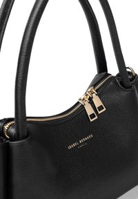 Black leather handbag with textured finish, gold zipper accents, and dual top handles. Features brand logo embossed on the front.