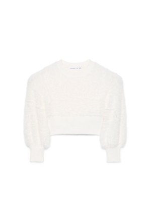 Maglione corto bianco peloso con maniche lunghe a sbuffo e polsini e orlo a coste.