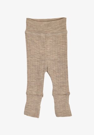Beige gerippte Leggings mit tailliertem Bund und ausgestellten Bündchen. Hergestellt aus weichem Material mit durchgehend strukturierter Oberfläche.