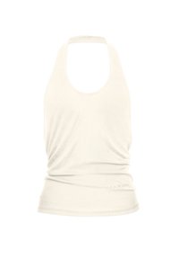 Biała bluzka na ramiączkach wykonana z miękkiego materiału. Posiada zaokrąglony dekolt i marszczenia w talii. Dyskretne logo marki na dole.