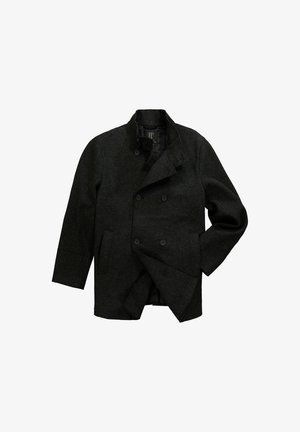 Koolgrijze wollen dubbelbreasted jas met een geknipte kraag, zijzakken en knoopdetails. Glad oppervlak, rechte snit en getailleerd ontwerp.