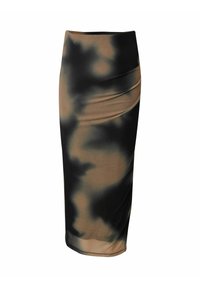 Figurbetonter Bleistiftrock in einem schwarz-braunen Batikmuster, mit Raffung an einer Seite und einem schmalen Schnitt, gefertigt aus leichtem Stoff.