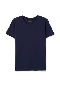 T-shirt in cotone blu navy con scollo rotondo e maniche corte; presenta una piccola etichetta logo all'orlo. Texture morbida e design semplice.