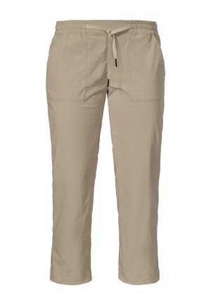 Beige, leichte Hose mit elastischem Bund, verstellbarem Kordelzug und zwei Vordertaschen. Verkürzte Länge mit geraden Beinen.