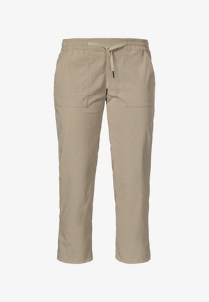 Beige, leichte Hose mit elastischem Bund, verstellbarem Kordelzug und zwei Vordertaschen. Verkürzte Länge mit geraden Beinen.
