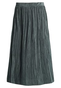 Falda midi plisada en verde azulado, confeccionada en una tela suave. Presenta una cinturilla ajustada y plisados verticales a lo largo de toda la prenda.