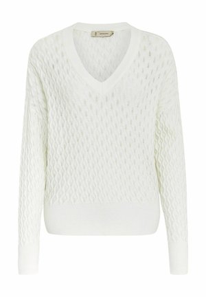 Baltas megztinis su V formos iškirpte, turintis reljefinį deimantų raštą bei šonkauliniais rankogaliais ir apačia. Lengvas ir laisvas dizainas.