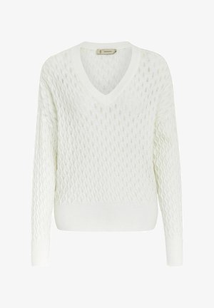 Biely pletený sveter s výstrihom do V, s textúrovaným diamantovým vzorom a rebrovanými manžetami a spodným lemom. Ľahký a voľný strih.