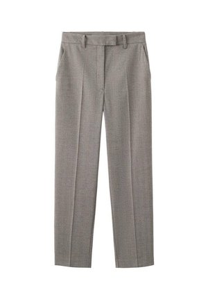 Pantalon gris sur mesure en tissu texturé, doté d'une coupe droite, de passants pour ceinture et de deux poches avant.