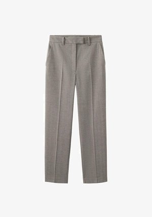 Grijze op maat gemaakte broek van een gestructureerde stof, met een recht gesneden pijp, riemlussen en twee voorzakken.