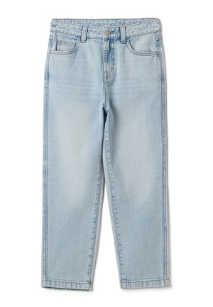 Jean en denim bleu clair avec taille élastique, bouton à l'avant, fermeture éclair et style cinq poches, présenté à plat sur fond blanc.