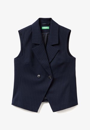 Marineblauwe mouwloze blazer met twee zwarte knopen, brede revers en verticale streepjes. Heeft zijzakken en een gladde voering.