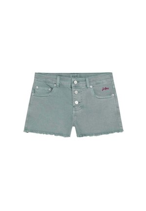 Pantalones cortos de mezclilla verde claro con cierre de botones, dobladillo deshilachado, bolsillos delanteros y pequeño logo de la marca bordado en el bolsillo derecho.