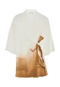 Roba leggera in stile kimono, con gradiente ombre da crema a marrone, cintura da annodare, maniche corte, due tasche frontali, orlo frangiato, texture del tessuto morbida.
