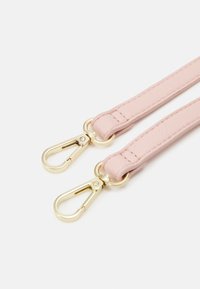 Pink leather strap with a textured surface and gold-tone clip hardware at both ends, featuring curved edges and stitching detail.