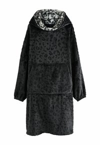 Sukienka-dres z czarnym lampasem w panterkę, oversize, z kieszenią z przodu, miękka tkanina oraz przytulny kaptur wykończony jaśniejszym, wzorzystym polarem.
