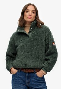 Groene fleece pullover met hoge kraag, drukknoopsluiting en een borstzak. Kenmerkt zich door een gestructureerde stof en wordt gecombineerd met blauwe jeans en een bruine riem.
