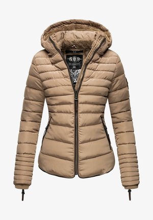 Beige puffer jacket with a removable hood, quilted exterior, zip closure, side pockets, and soft lining. Fitted design with ribbed cuffs.