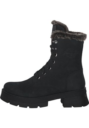 Black ankle boot with faux fur lining, sturdy rubber sole, metal eyelets, and lace-up front design. Material appears soft and textured.