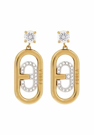 Náušnice Furla v zlatom tóne s čírymi kryštálmi v tvare oválu, zdobené vnútornými iniciálami loga posiatymi kamienkami.