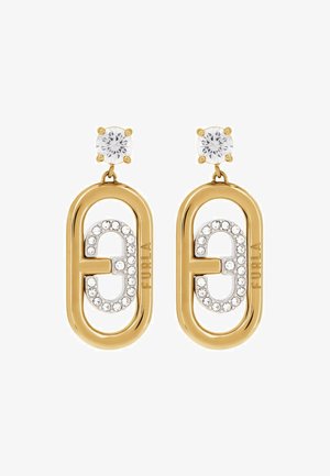 Arany tónusú Furla fülbevalók áttetsző kristály szegecsekkel, ovális formában, belül strasszokkal díszített logó kezdőbetűkkel.
