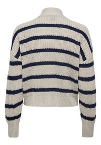 Pull en maille beige à rayures horizontales bleu marine, manches longues, poignets côtelés et ourlet côtelé, vu de dos.