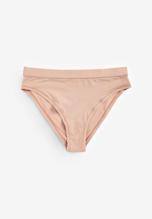 Bezšvové dámske bikinové nohavičky v nude farbe vyrobené z jemnej, hladkej látky. Majú široký pás a minimalistický dizajn bez zdobenia.