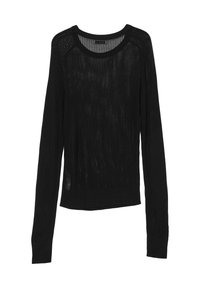 Maglione nero con una trama a maglia larga, dotato di maniche lunghe, scollatura rotonda e orlo a coste. Design leggero e semi-trasparente.