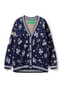 Marinblå cardigan med vitt och gult blommönster, V-hals, knappstängning, ribbad nederkant och ärmslut med kontrasterande r änder, stickad textur.