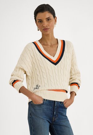 CABLE-KNIT COTTON CRICKET SWEATER - Svetrík - cream/navy/dusk orange