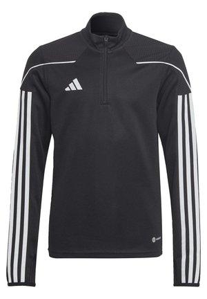 Felpa nera sportiva a mezza zip con pannelli a texture sulle spalle, strisce bianche lungo le maniche e un piccolo logo vicino all'orlo.