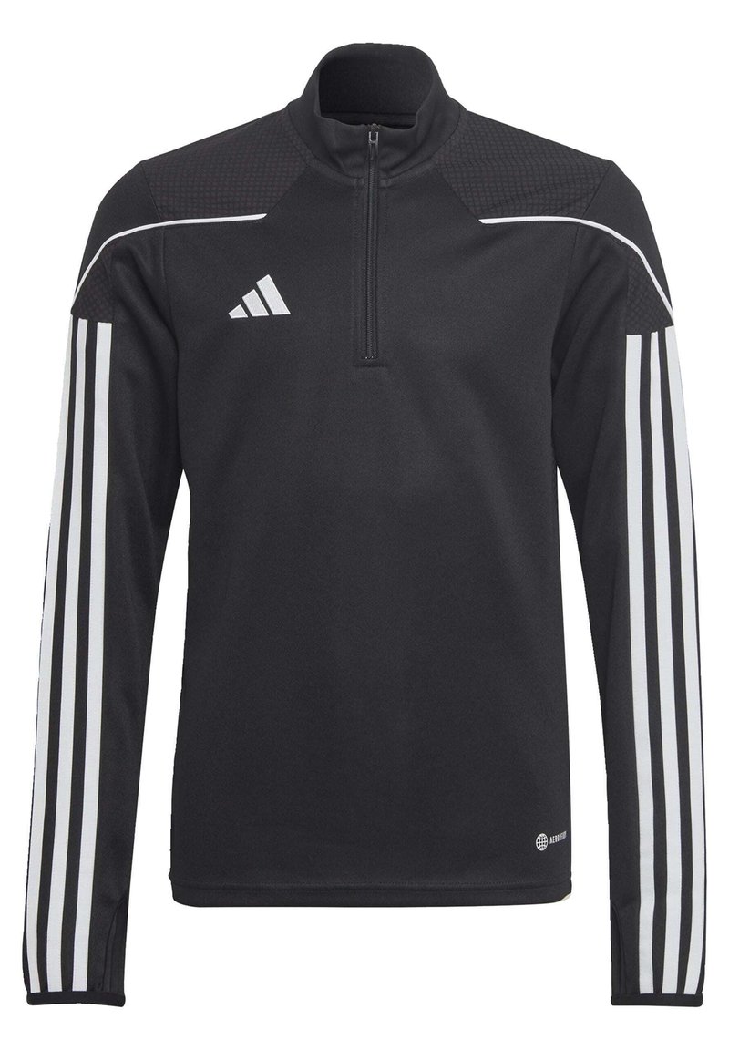 Schwarzer, sportlicher Halbpullover mit Reißverschluss, strukturierten Schulterpaneelen, weißen Streifen entlang der Ärmel und einem kleinen Logo nahe dem Saum.