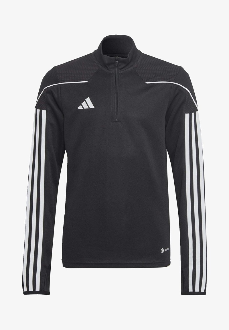 Zwart sportief half-zip sweater met gestructureerde schouderpanelen, witte strepen langs de mouwen en een klein logo nabij de zoom.