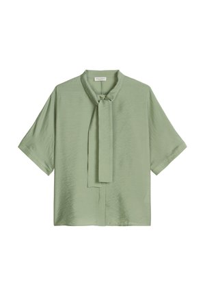 Hellgrüne kurzärmelige Bluse mit seidiger Textur und einer Halsband-Detailschleife am Kragen.