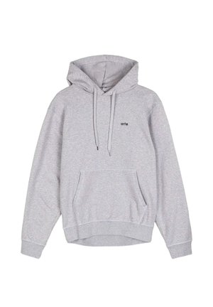 Felpa con cappuccio grigio chiaro con tasca frontale a marsupio, coulisse e piccolo logo nero "arte" sul petto.