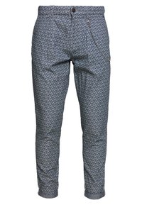 Modré vzorované kalhoty s listovým motivem, úzkým střihem, zapínáním na knoflíky a dekorativním řetízkem na postranní kapse.