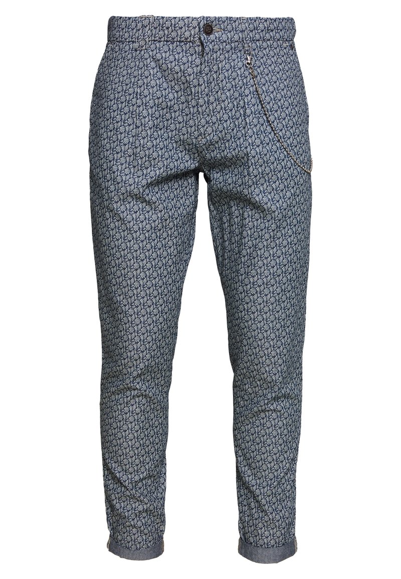 Modré vzorované kalhoty s listovým motivem, úzkým střihem, zapínáním na knoflíky a dekorativním řetízkem na postranní kapse.