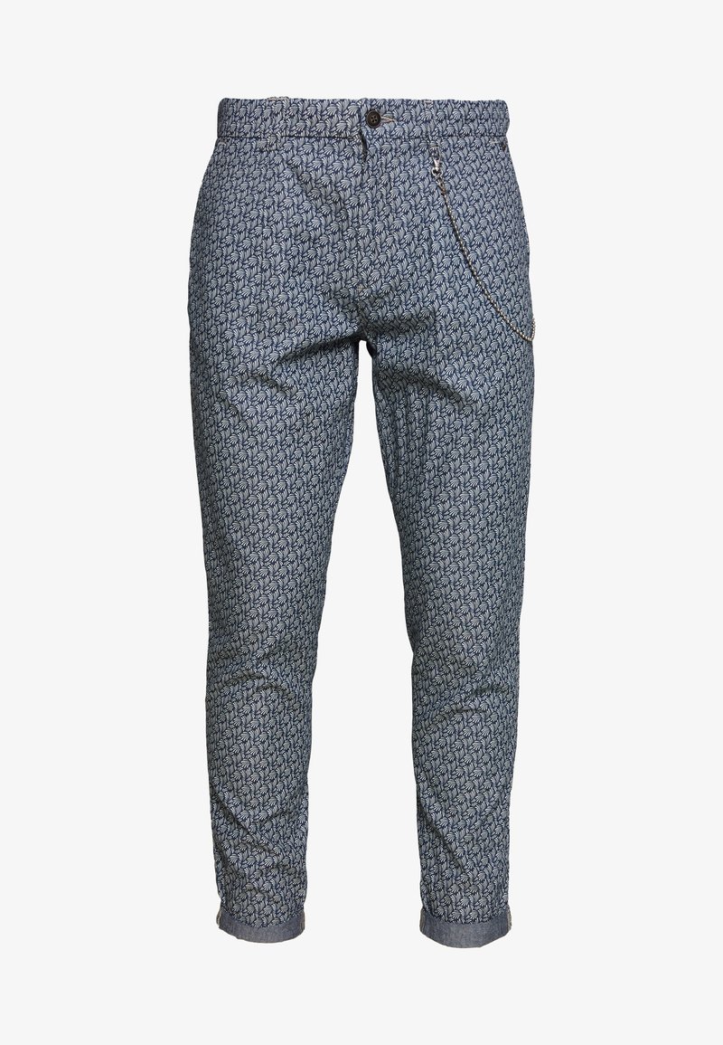 Modré vzorované kalhoty s listovým motivem, úzkým střihem, zapínáním na knoflíky a dekorativním řetízkem na postranní kapse.