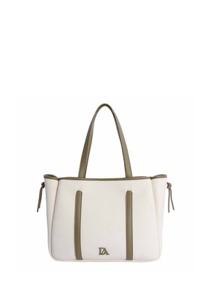 Bolsa tote de color crema con ribete verde oliva, dos asas, lazos laterales y un pequeño logo metálico DA en el centro delantero.