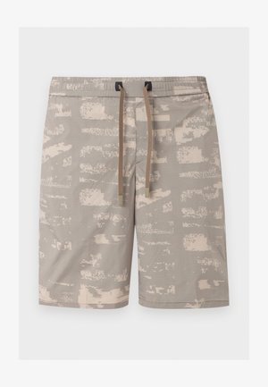 Pantaloni scurți pentru bărbați, bej și maro deschis cu model, talie cu șnur și un design subtil de camuflaj pixeliat.