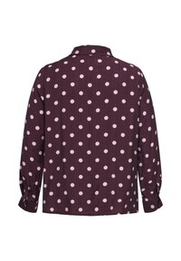 Dark purple long-sleeve blouse with light pink polka dots, buttoned cuffs, and a classic collar, shown from the back.