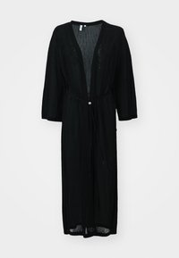 Must musta, avatud esiosaga must väljakute tööriide töödeldud varrukatega, millel on kolmveerandvarrukad, vööl sidumise rihm ja dekoratiivne nööpide detail.