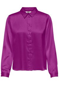 Blusa de satén morado con mangas largas, cierre de botones en la parte delantera y cuello clásico. Textura suave y dobladillo ligeramente curvado.