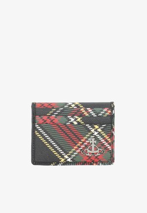 Porta carte di credito nero con motivo tartan colorato in rosso, verde e giallo. Include un emblema con il logo e più scomparti per carte.