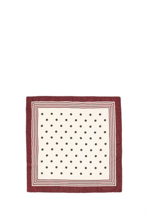 Foulard quadrato di seta con centro color crema, pois neri, molteplici bordi sottili bordeaux e un ampio bordo esterno bordeaux uniforme.