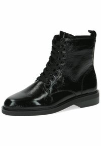 Bottine en cuir noir avec finition brillante, design à lacets, bout rond et semelle en caoutchouc noir avec un talon plat.