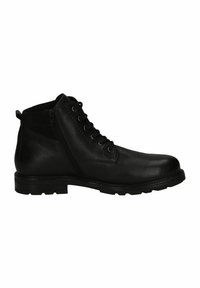 Botas de cuero negro hasta el tobillo con un acabado suave, parte frontal con cordones, cremallera lateral y un diseño de suela robusta. Presenta detalles de costura mínimos.