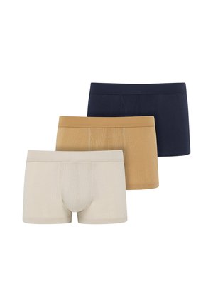 Three pairs of men's boxer briefs in beige, tan, and navy blue stacked horizontally on a white background.